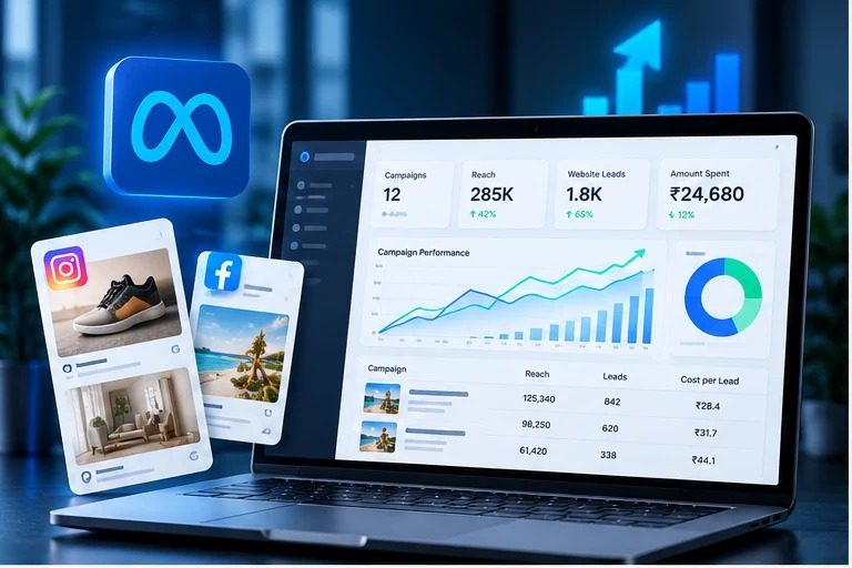 Meta Ads performance dashboard with campaign charts and Facebook Instagram ad previews