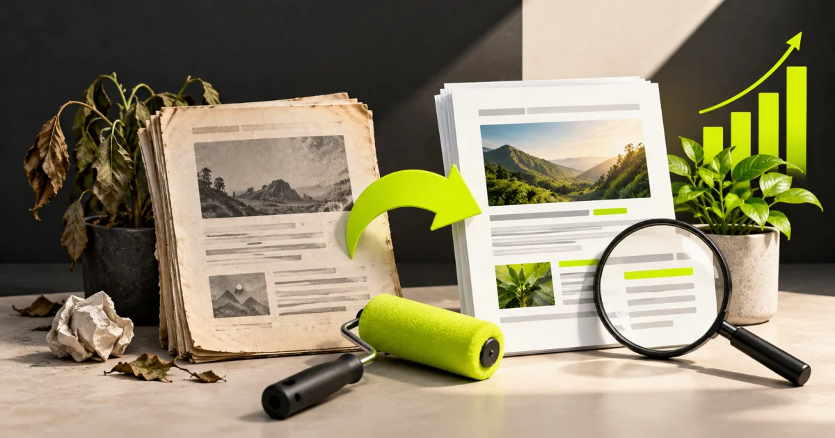Editorial illustration: How to Refresh Old Blog Posts for SEO: Step-by-Step Guide