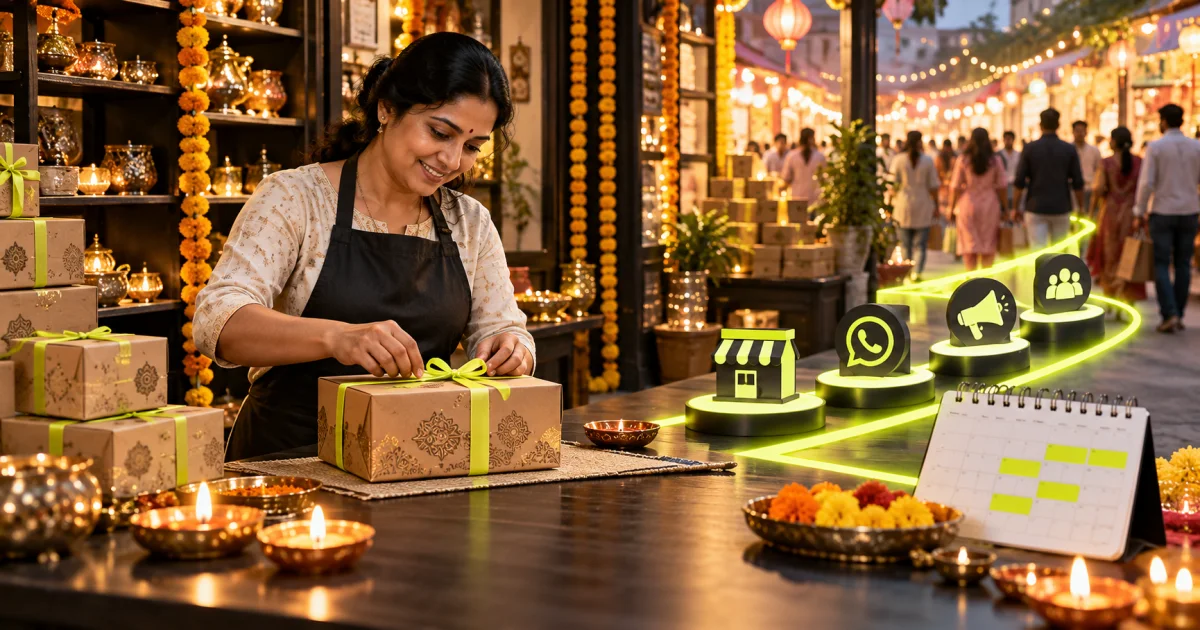 Editorial illustration: Diwali Festive Marketing Guide for Indian SMBs: Offers, Timelines & Channels