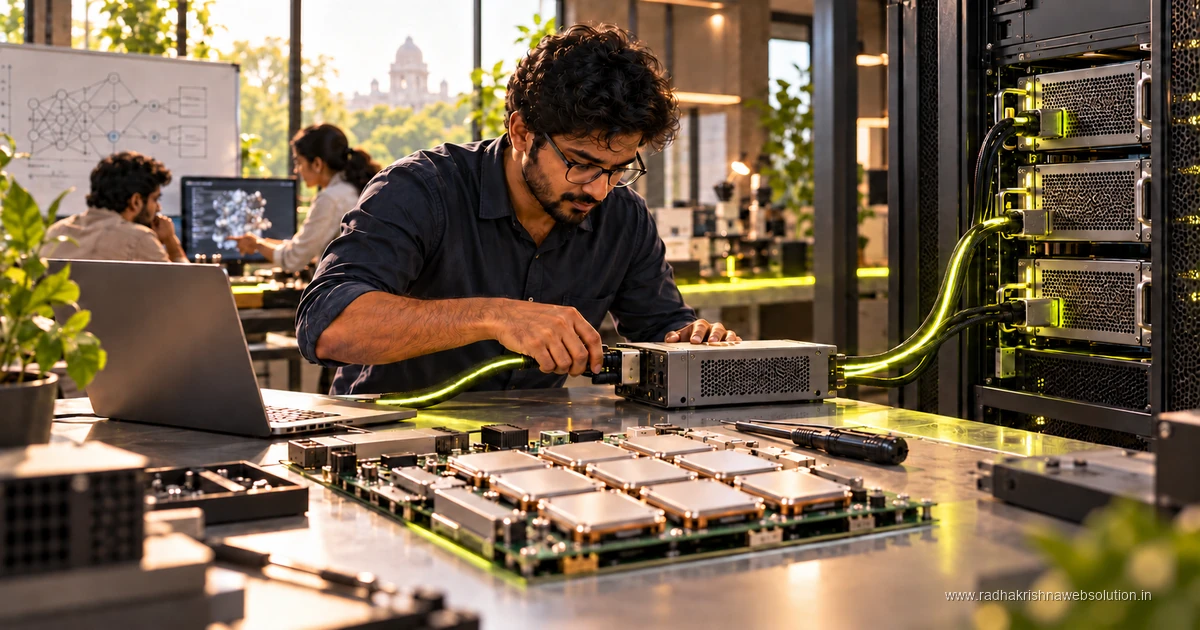 AI-generated editorial concept of a machine-learning engineer connecting accelerator hardware to a server rack.