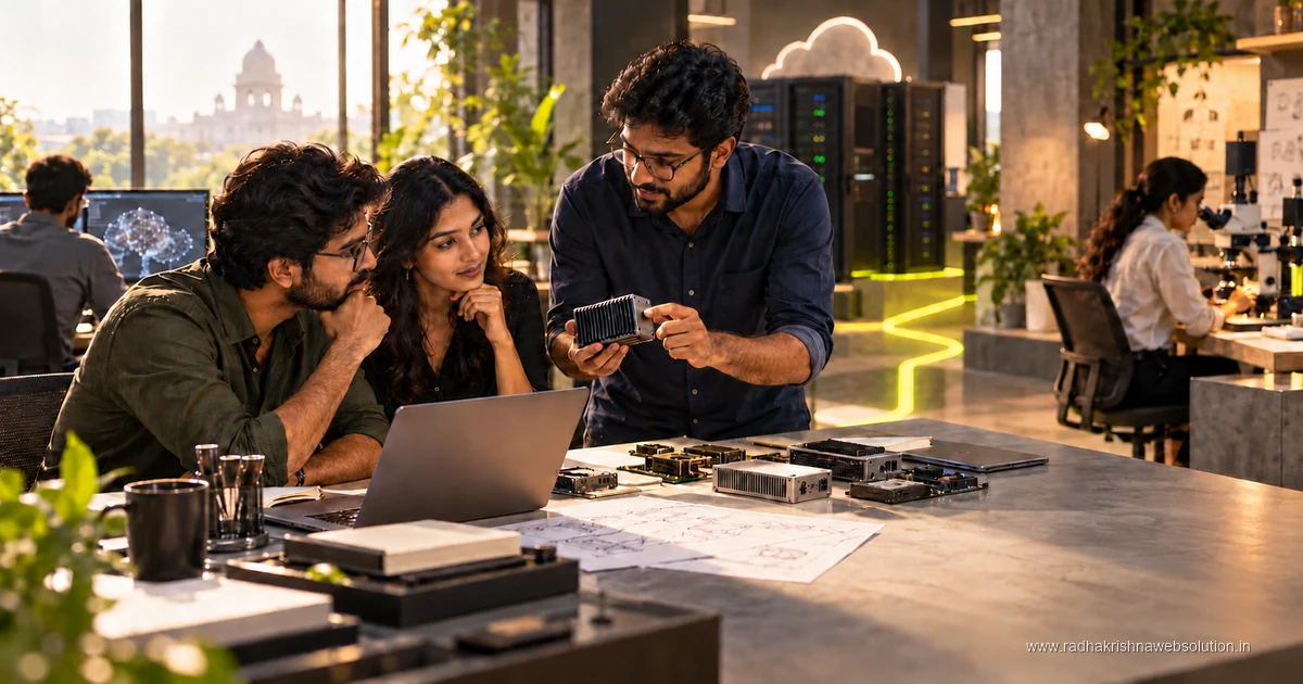 AI-generated editorial photograph of Indian startup founders and a mentor exploring compute hardware.