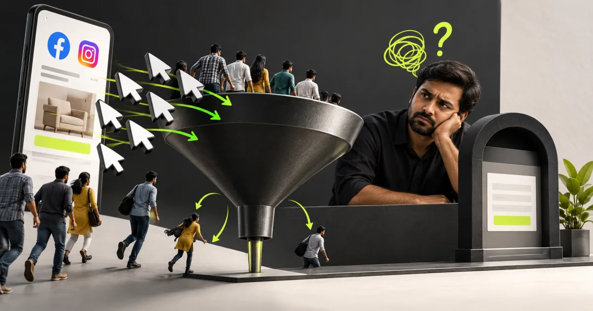 Editorial illustration: Meta Ads Getting Clicks but No Leads? 9 Fixes for Indian Businesses