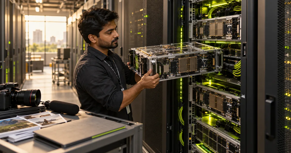 AI-generated editorial concept of an infrastructure engineer handling a compute module beside a large multimodal AI server installation