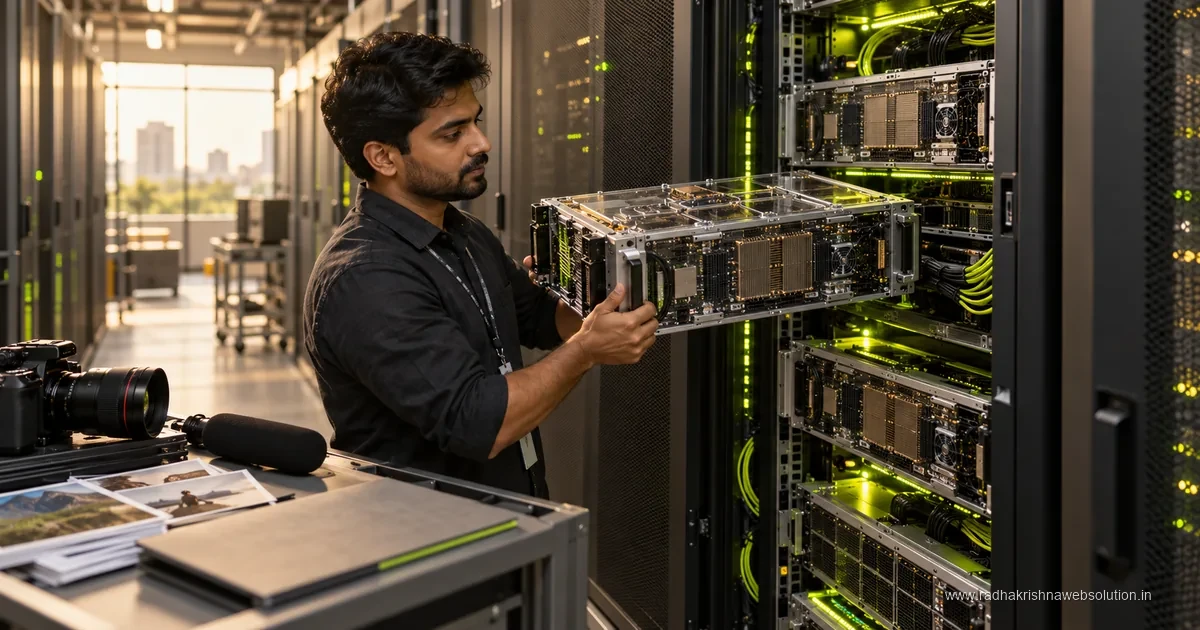 AI-generated editorial concept of an infrastructure engineer handling a compute module beside a large multimodal AI server installation
