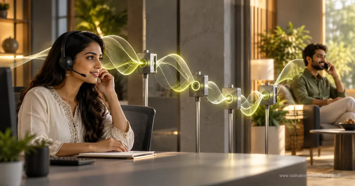 AI-generated editorial concept of an Indian support professional and caller connected through a multilingual voice-agent audio pipeline
