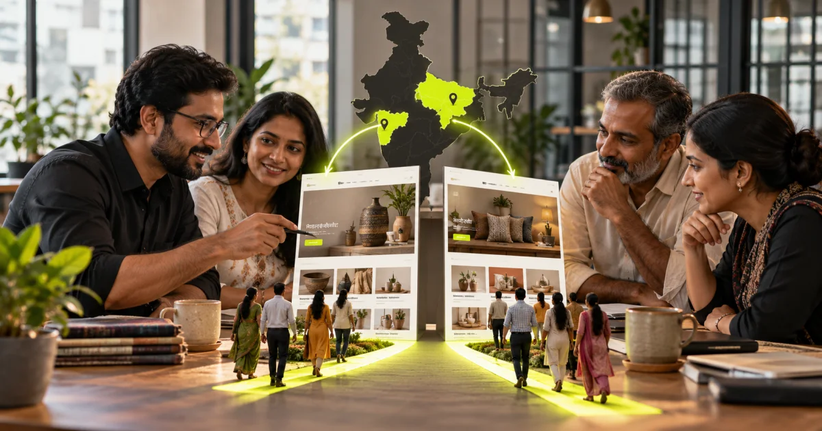 Editorial illustration: Multilingual Websites in Marathi and Hindi: Guide for Indian Businesses