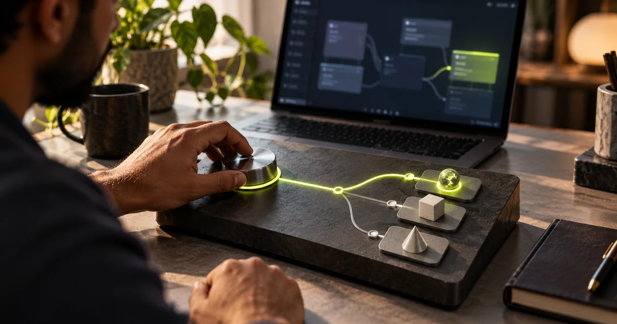 AI-generated editorial concept of a developer reviewing three bounded decision outputs at a workstation