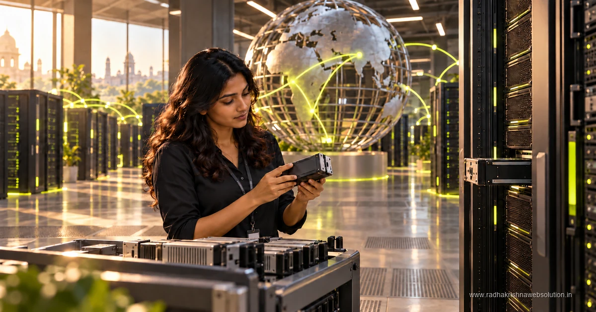 AI-generated editorial concept of a data-centre engineer and connected global storage infrastructure.