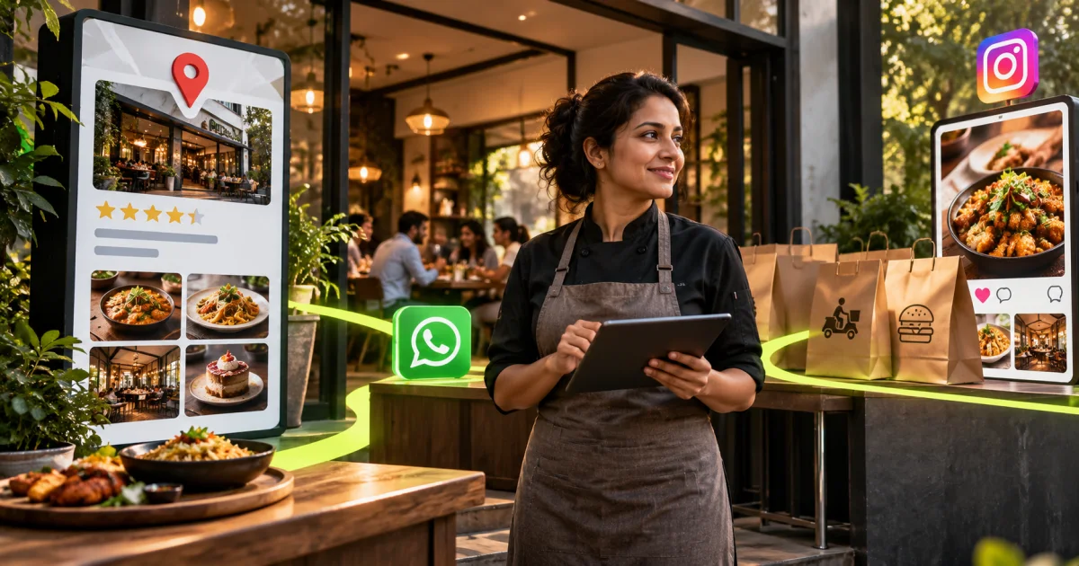 Editorial illustration: Restaurant Digital Marketing India: A Practical Guide for Cafes and Restaurants
