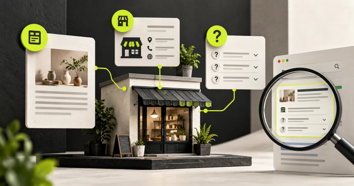 Editorial illustration: Schema Markup for Small Businesses: Article, Organization & FAQ
