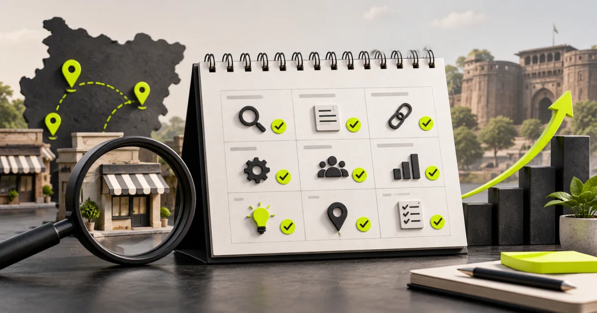 Editorial illustration: SEO as a Monthly System: Simple Workflow for Indian SMBs