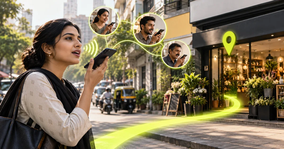 Editorial illustration: Voice Search Optimisation for Indian Businesses: Hindi, Hinglish & Near Me