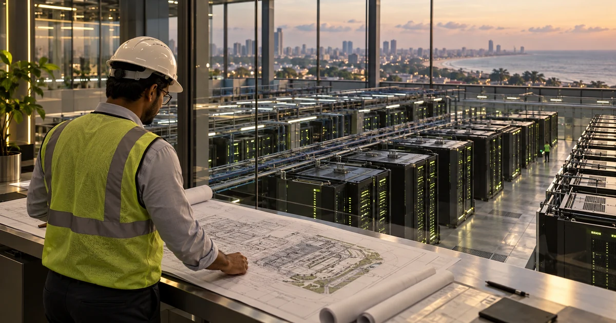 AI-generated editorial concept of an engineer planning a Chennai compute facility beside server racks and a coastal skyline