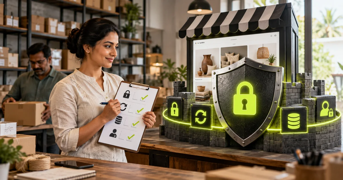 Editorial illustration: Website Security Checklist for Small Businesses in India