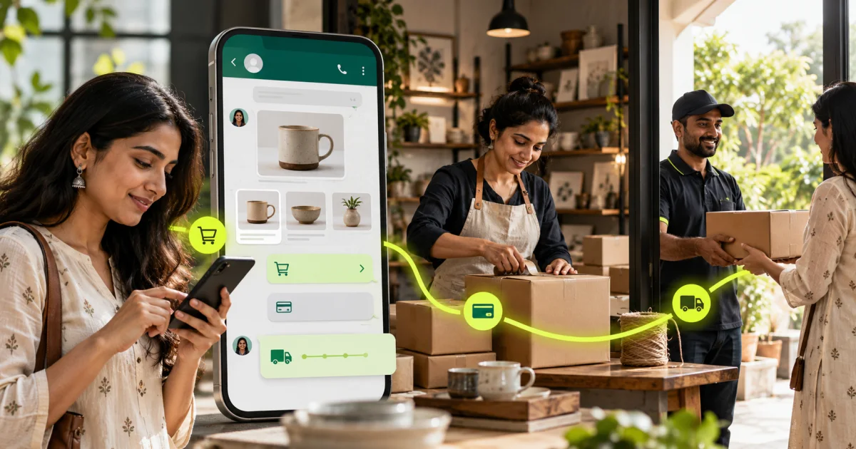 Editorial illustration: WhatsApp Commerce India: Selling Inside the Chat Window