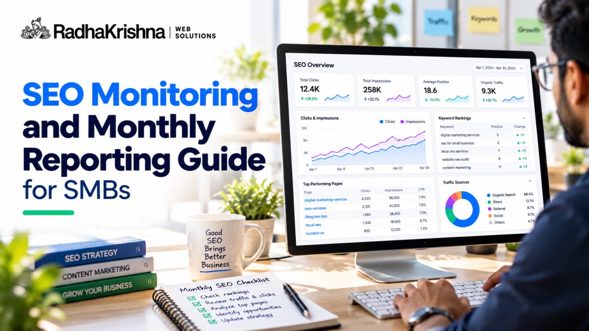 SEO Monitoring and Monthly Reporting Guide for SMBs - RadhaKrishna Web Solutions article cover