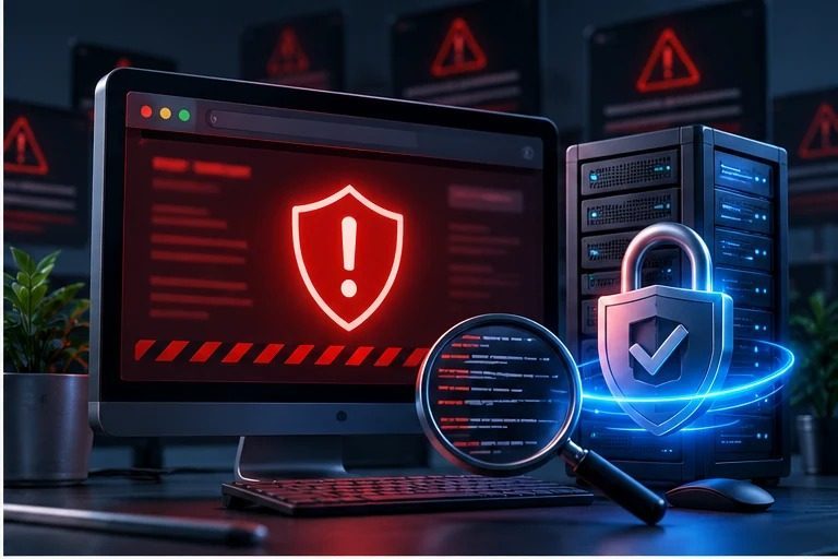 Website malware warning on desktop screen with security shield and server protection illustration