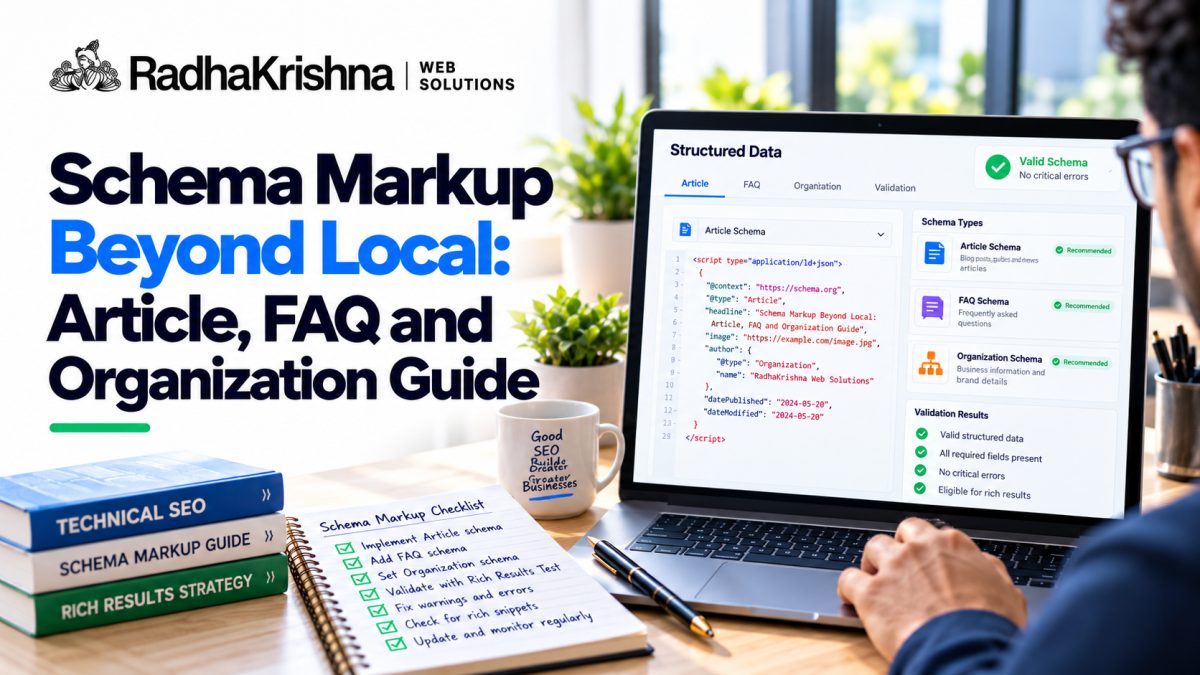 Cover image for small business schema markup guide covering Article, Organization and FAQs