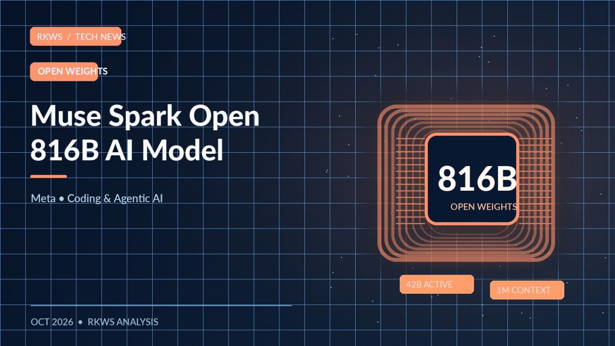 Meta Muse Spark Open 816B open-weight model shown as a glowing AI accelerator with 42B active parameters and one-million-token context
