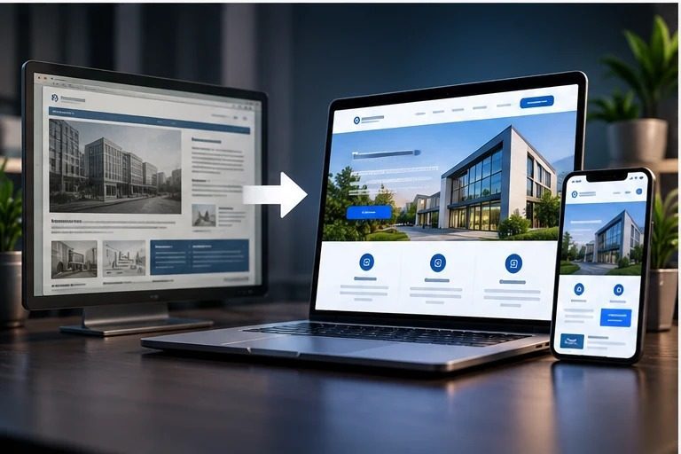 Before and after website redesign on desktop laptop and mobile with modern responsive layout