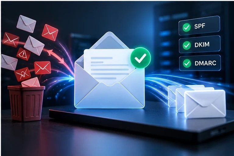 Business email deliverability illustration with secure inbox and SPF DKIM DMARC checks